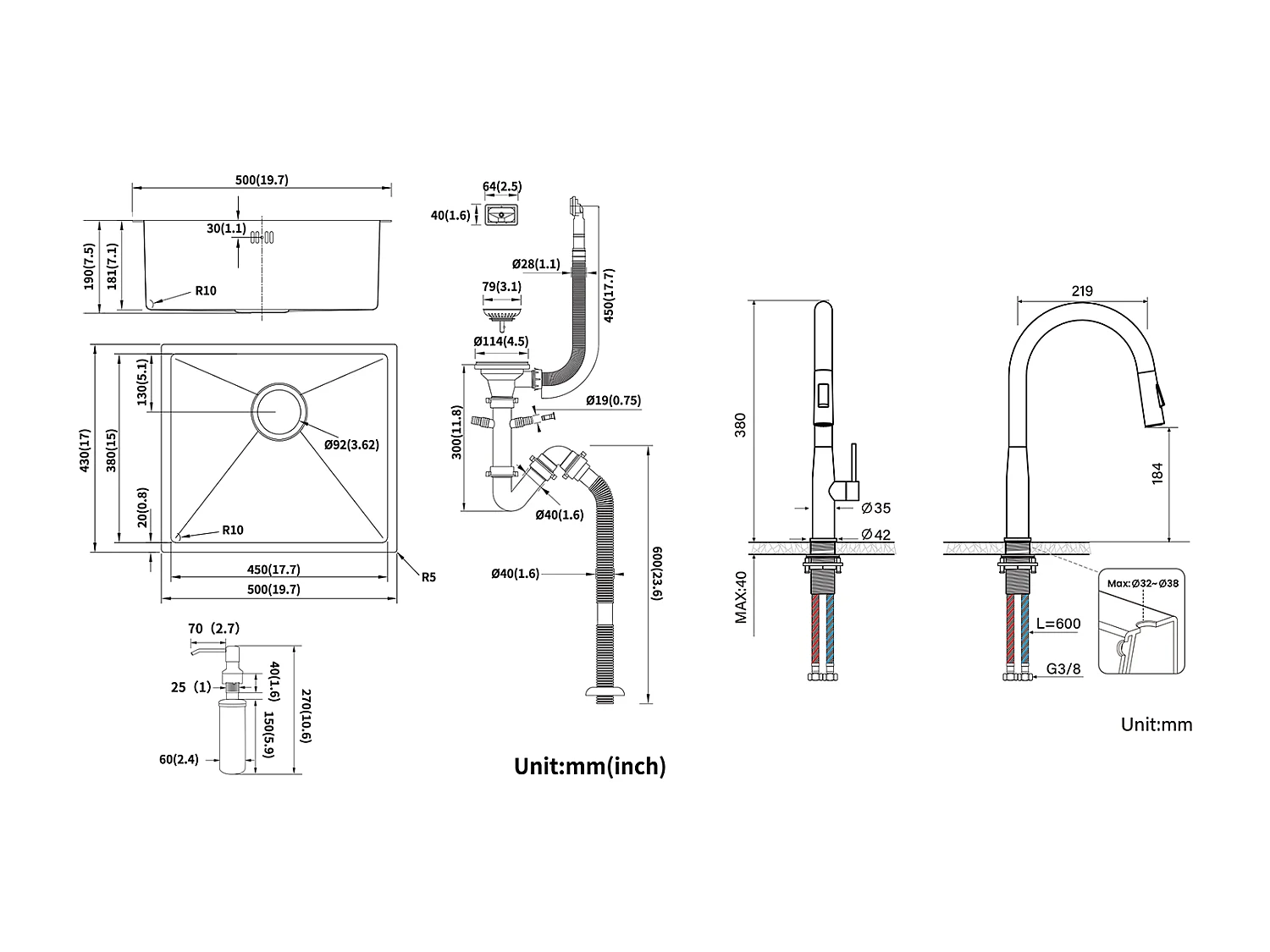 Zwarte spoelbak 1 bak 50x43x18,5CM, roestvrij staal, met zeepdispenser + keukenkraan met uittrekbare handdouche, 360° draaibaar, ,U-vormige uitloop, zwart