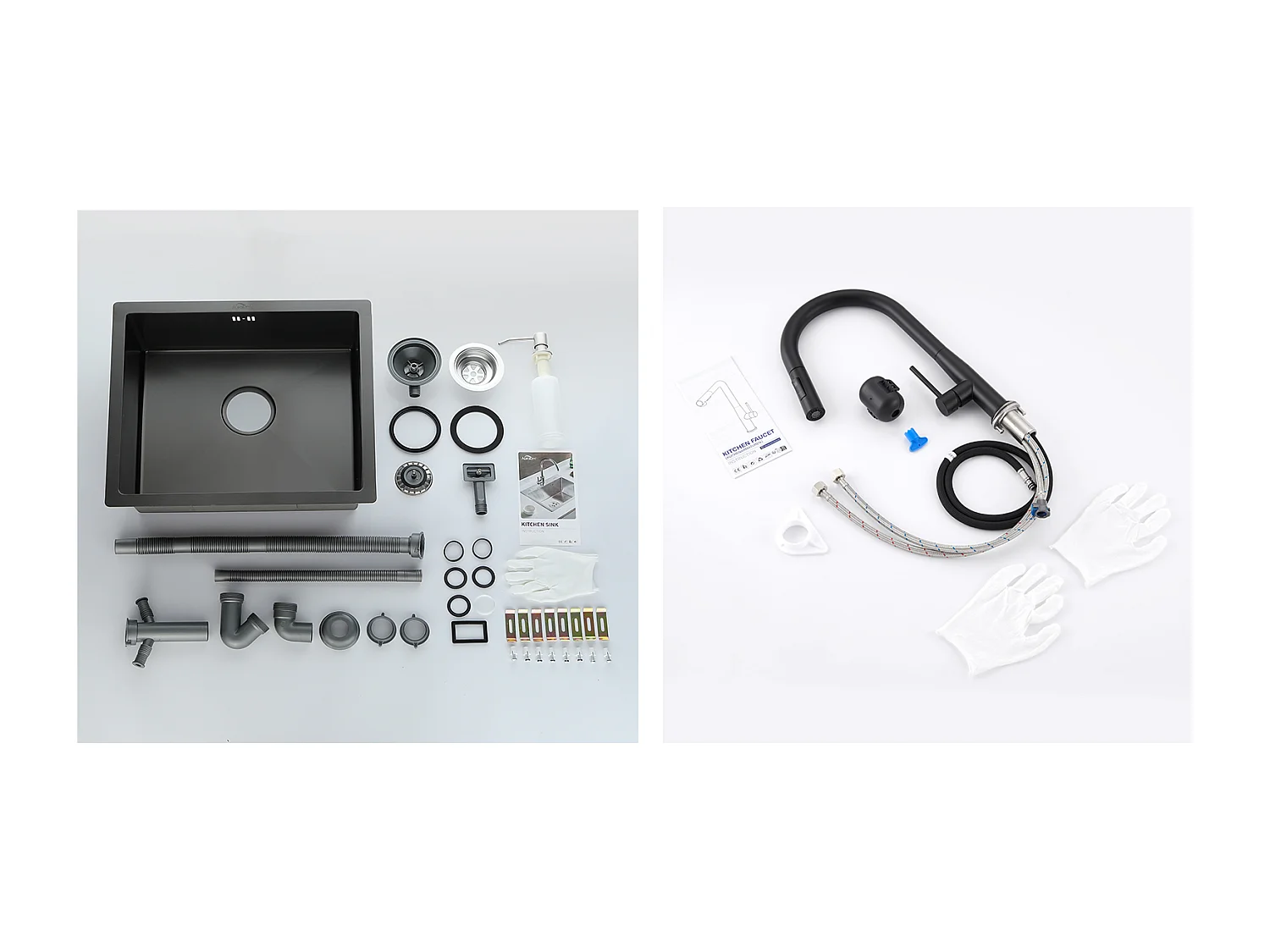 Lavello Nero 1 Vaschetta 50x43x18,5CM, Inox, con Distrubutore Sapone+Rubinetto Cucina con Doccia Extrattibile,Percuotante a 360°,Nero