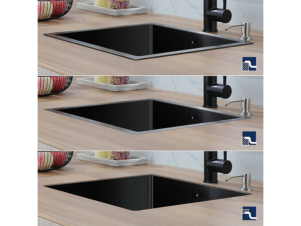 Lavello Nero 1 Vaschetta 50x43x18,5CM, Inox, con Distrubutore Sapone+Rubinetto Cucina con Doccia Extrattibile,Percuotante a 360°,Nero
