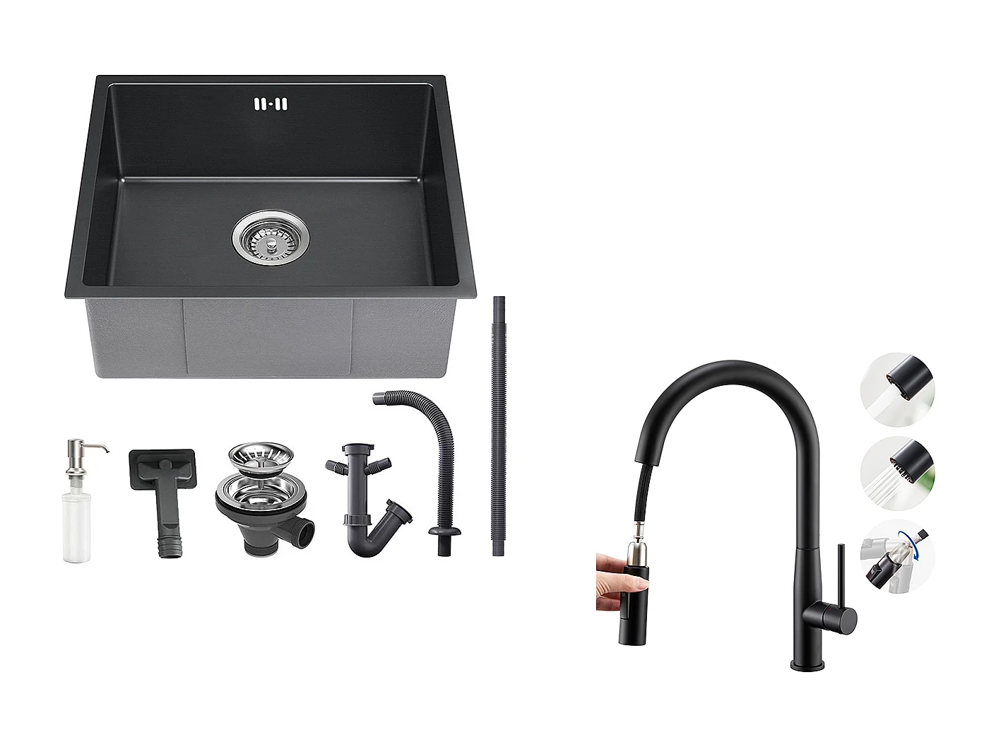 Évier Noir 1 Bac 50x43x18,5CM,Inox,avec Distrubuteur Savon+Robinet Cuisine avec Douchette Extractible,Pivotant 360°, ,Bec en Forme de U,Noir