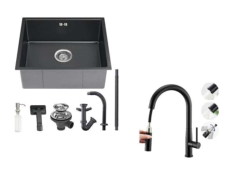 Fregadero Negro 1 Bandeja 50x43x18,5CM, Inox, con Distributor Jabón+Grifo Cocina con Ducha Extractible,Pivotante 360°, ,Negro