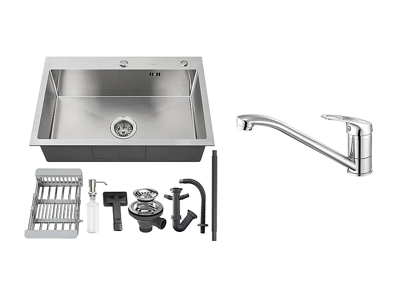 2 en1 Fregadero Cocina Cepillado 68x45x19CM con Distributor Jabón Escurridor Cesta+Grifo Cocina,OrieNtable 360°, Agua Caliente/Fría, Cromado