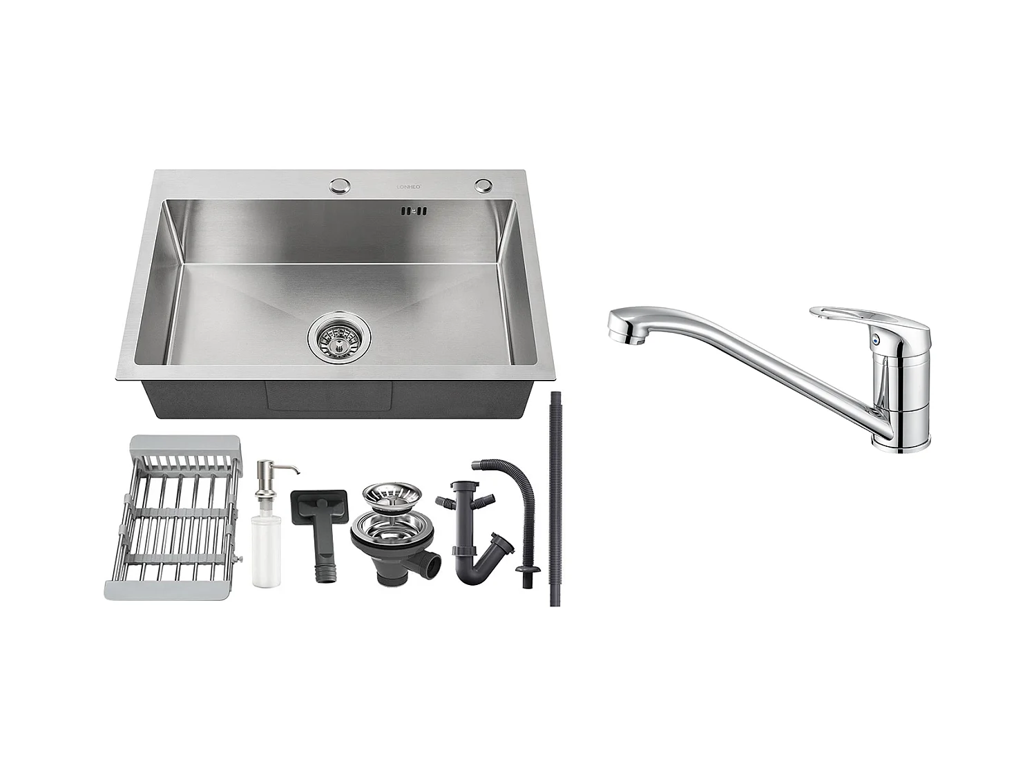 2 en1 Évier Cuisine Brossé 68x45x19CM avec Distrubuteur savon Égouttoir Panier+Robinet Cuisine,Orientable 360°,Eau Chaude/Froide,Chromé