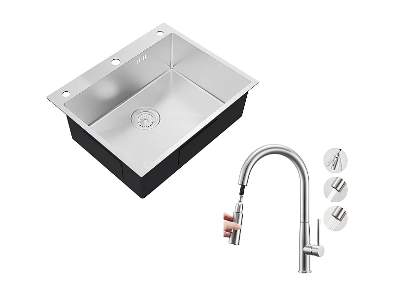 Auralum max Évier de Cuisine à Encastrer,1 Bac,60*49*20CM,Évier en inox 304,Silver+Robinet Cuisine avec Douchette Extractible,2 Modes Jets ,Brossé