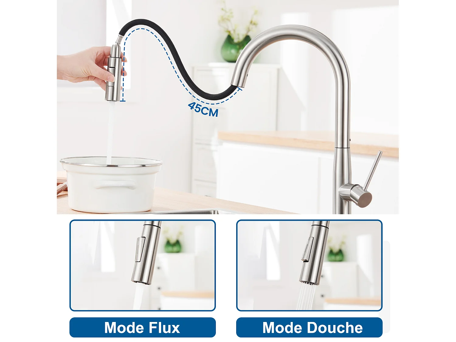 Auralum max Évier de Cuisine à Encastrer,1 Bac,60*49*20CM,Évier en inox 304,Silver+Robinet Cuisine avec Douchette Extractible,2 Modes Jets ,Brossé