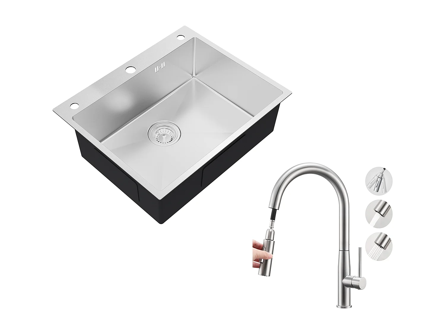 Auralum max Évier de Cuisine à Encastrer,1 Bac,60*49*20CM,Évier en inox 304,Silver+Robinet Cuisine avec Douchette Extractible,2 Modes Jets ,Brossé