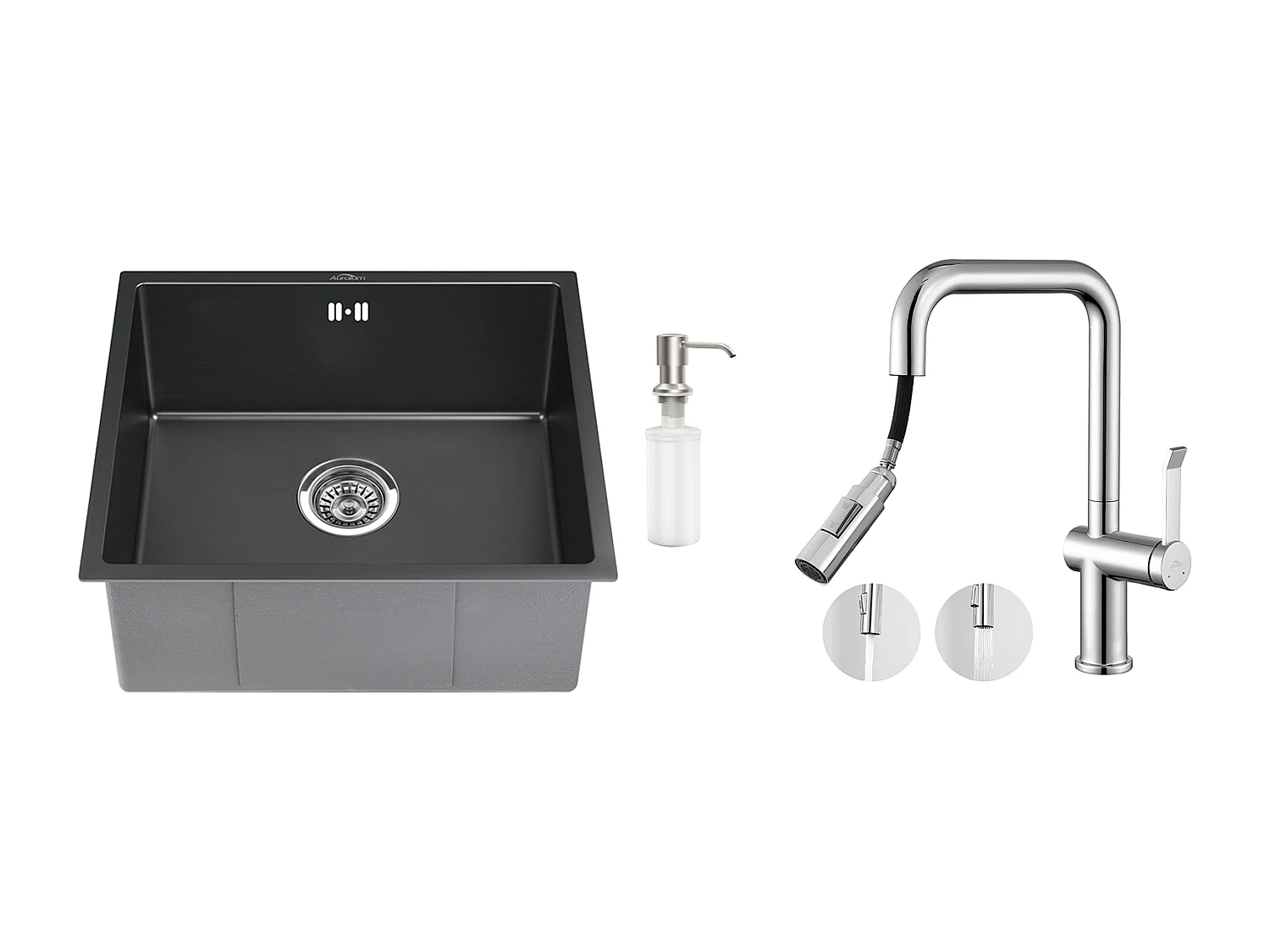 Évier Noir 1 Bac 50x43x18,5CM,Acier Inoxydable, Distrubuteur de savon+Robinet Cuisine avec Douchette Extractible Rotatif 360 °2 Foncti