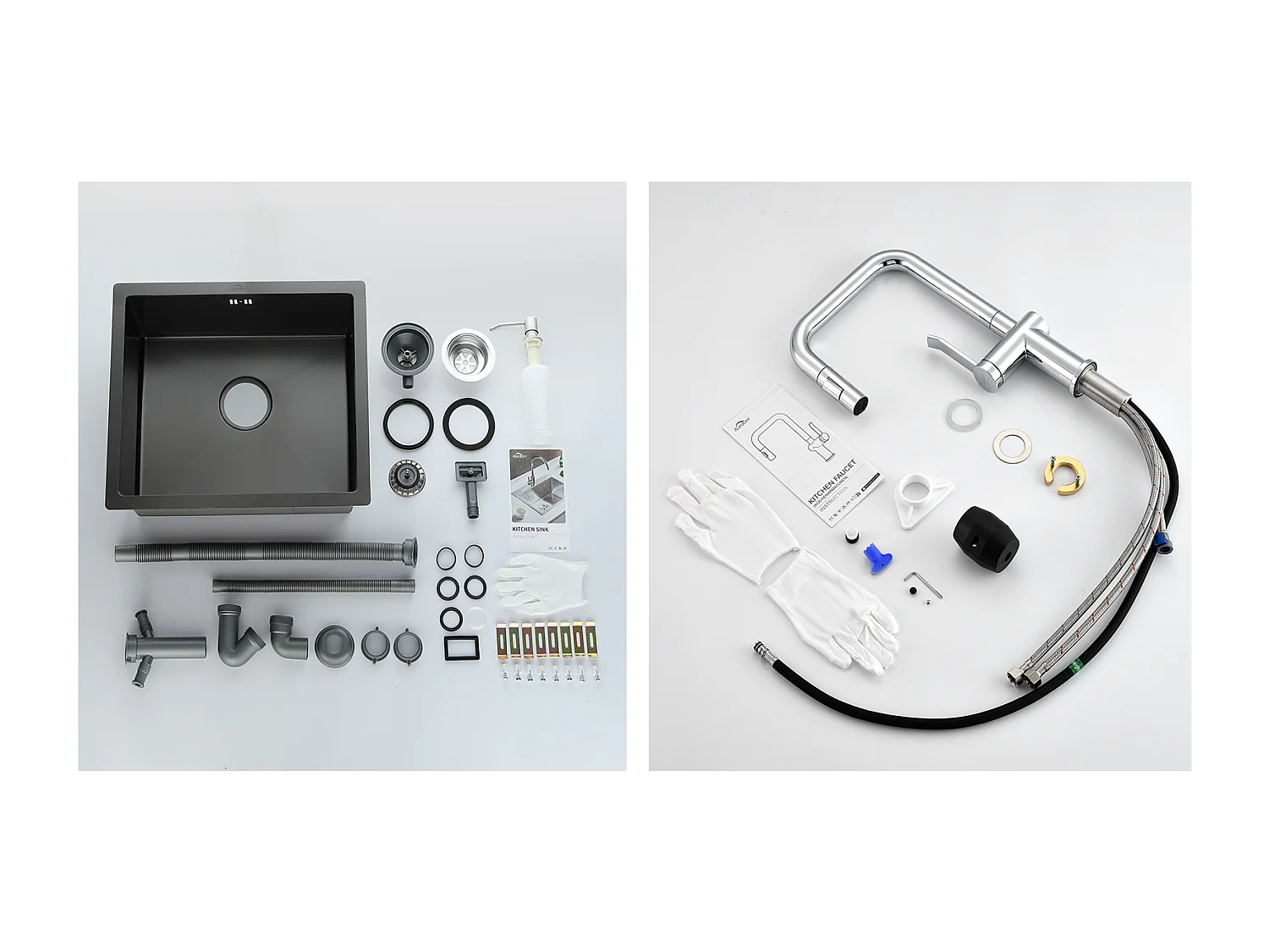 Évier Noir 1 Bac 50x43x18,5CM,Acier Inoxydable, Distrubuteur de savon+Robinet Cuisine avec Douchette Extractible Rotatif 360 °2 Foncti