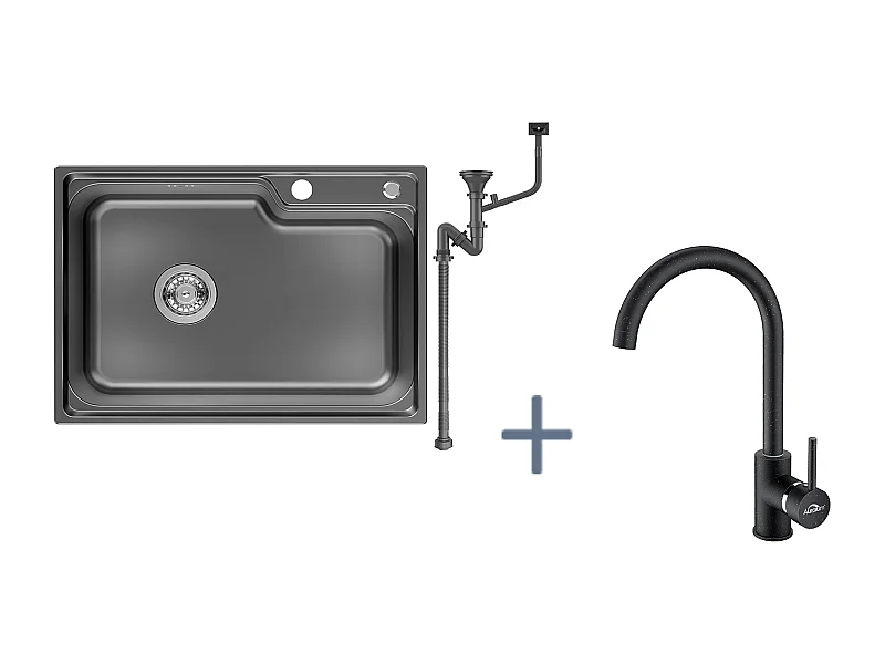 AuralumMax Évier Cuisine 1Bac 62*45*21CM,en Inox PVD Nano Vasque à Poser,Noir+Robinet Cuisine Rotatif 360° Eau Froide/Chaude,Noir avec points blancs