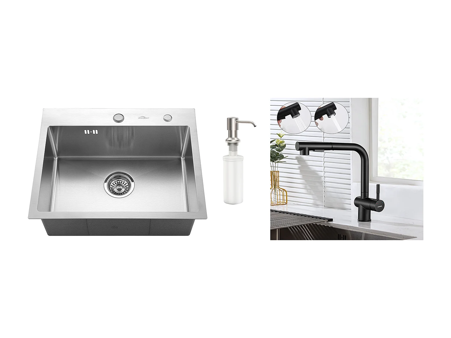 Évier Cuisine 1 Bac 55*45CM Évier Encastré et à Poser avec Distributeur de Savon+Robinet de Cuisine Noir Douchette Extractible à 2 Jets