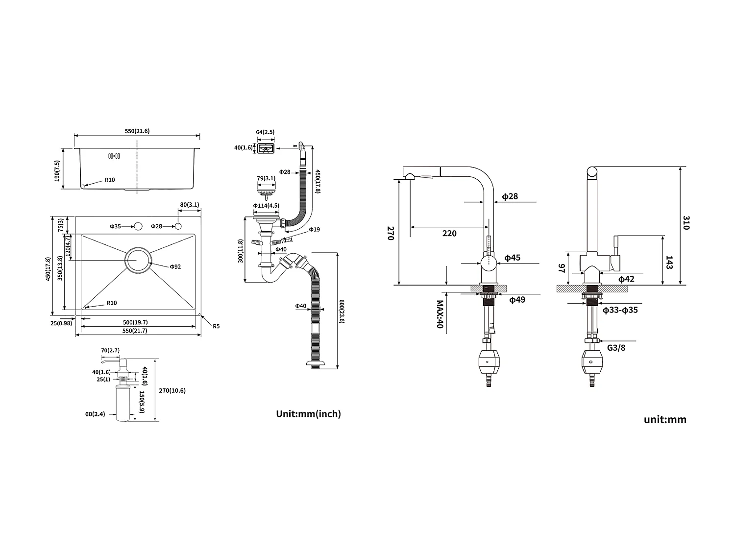 Évier Cuisine 1 Bac 55*45CM Évier Encastré et à Poser avec Distributeur de Savon+Robinet de Cuisine Noir Douchette Extractible à 2 Jets