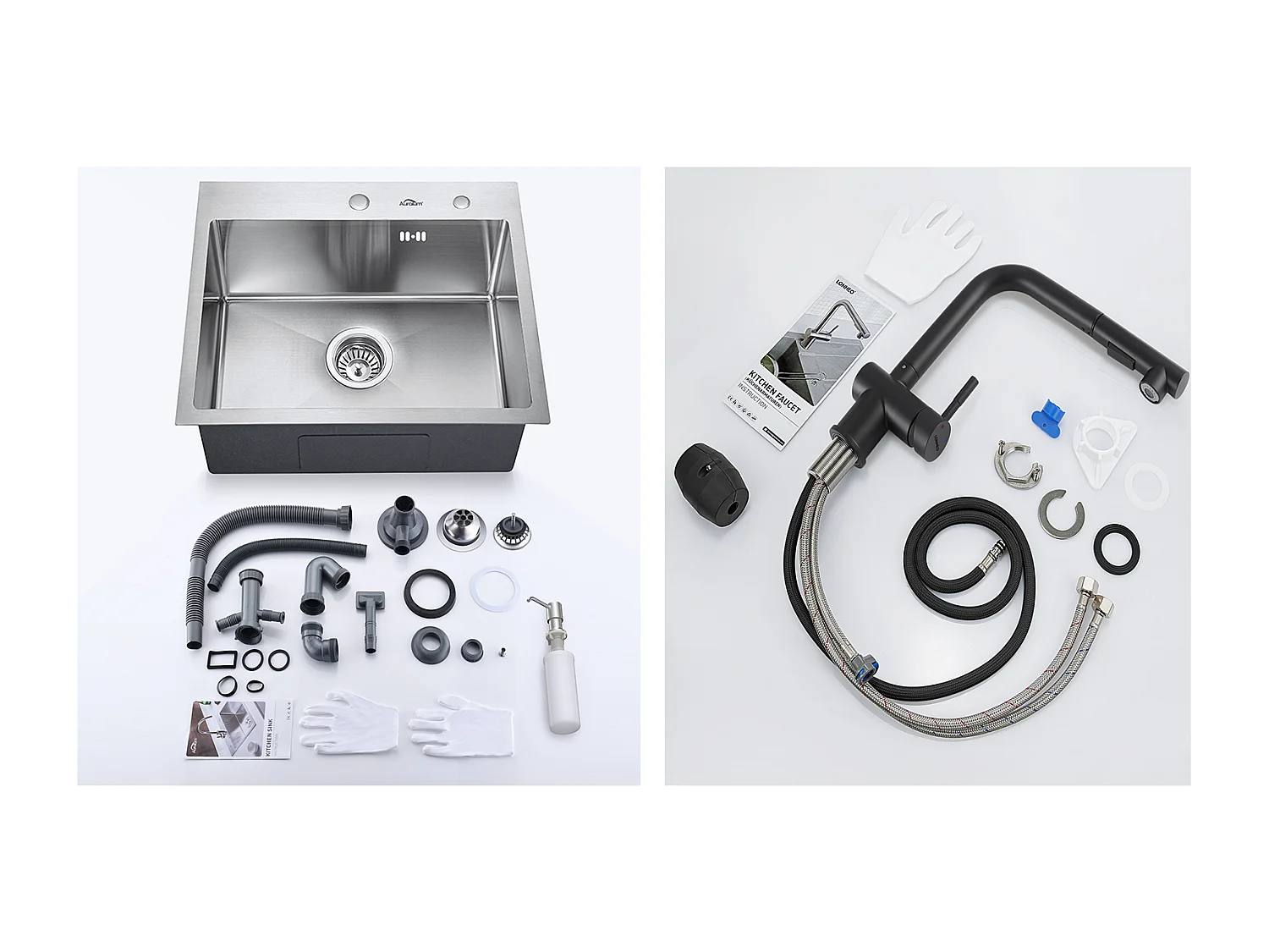 Aanrecht 1 bak 55*45CM Inbouw en opbouw spoelbak met zeepdispenser + keukenkraan zwart Uittrekbare douchekop met 2 stralen