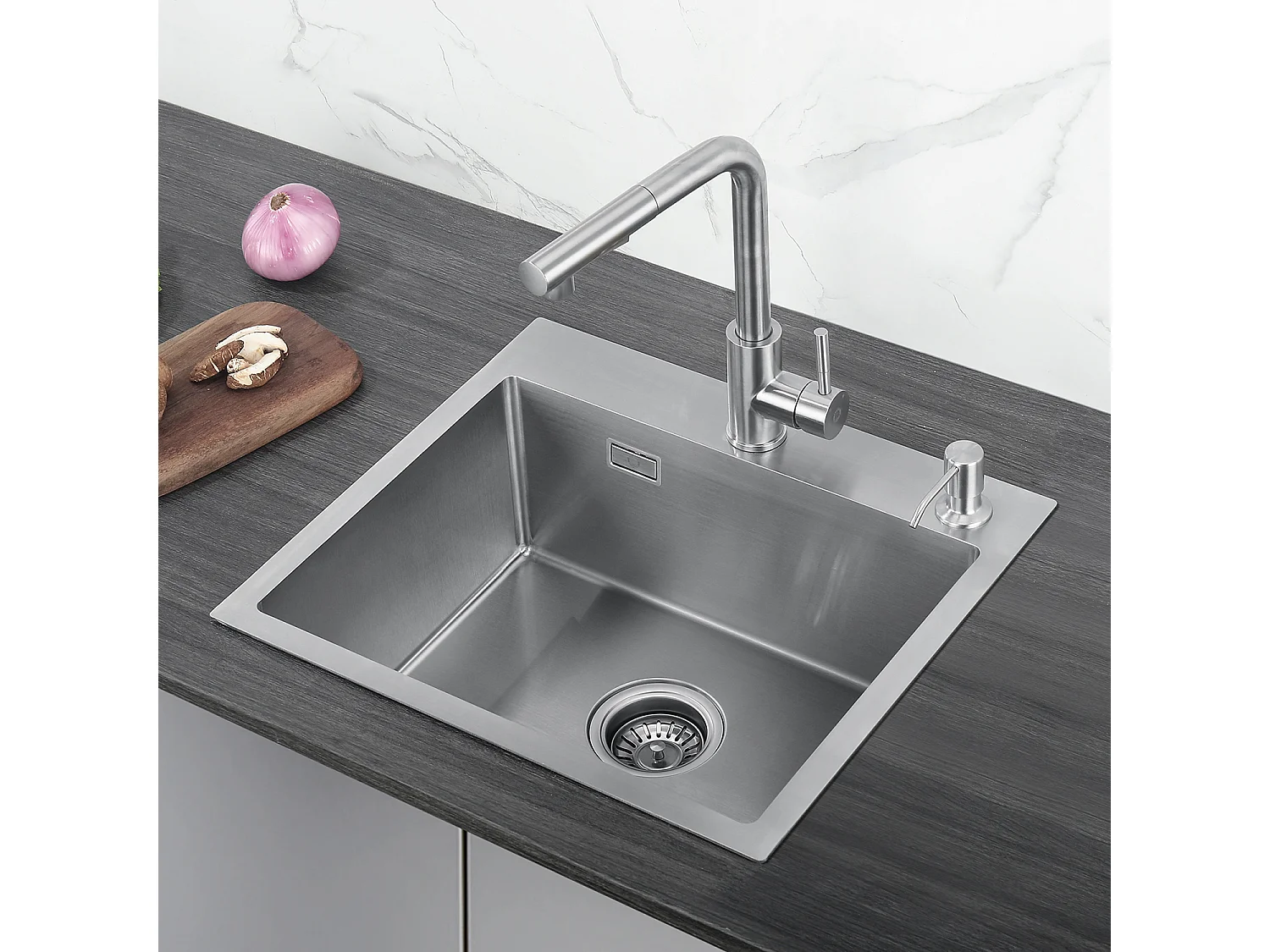 Cecipa max Edelstahlspüle 50×45×18,5CM Einzelbecken Küchenspüle Unterbauspüle, Spüle aus gebürstetem Edelstahl mit Siphon und Überlauf, EU-Modell