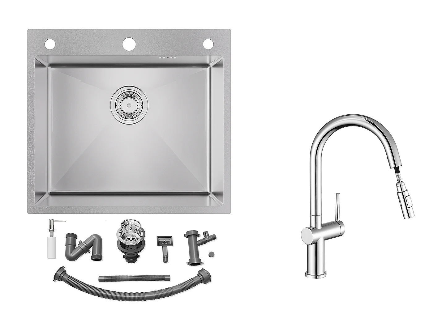 Evier Cuisine 54*49*20 CM,à Encastrer/à Fleur de Plan avec Distributeur Savon,Argent+robinet de cuisine rétractable à deux fonctions, chromé