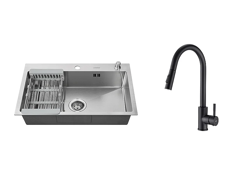 2 en1 Fregadero Cocina Cepillado 68x45x19CM con Distributor Jabón Escurridor CestaGrifo de Cocina Negro, Extragible Rotativo a 36