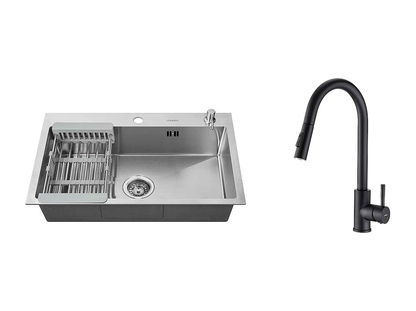 2 en1 Évier Cuisine Brossé 68x45x19CM avec Distrubuteur savon Égouttoir PanierRobinet de Cuisine Noir, Extractible Rotatif à 36