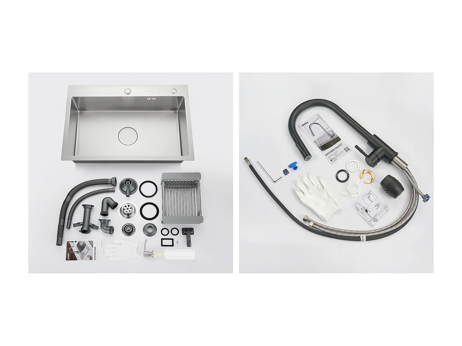 2 en1 Évier Cuisine Brossé 68x45x19CM avec Distrubuteur savon Égouttoir PanierRobinet de Cuisine Noir, Extractible Rotatif à 36