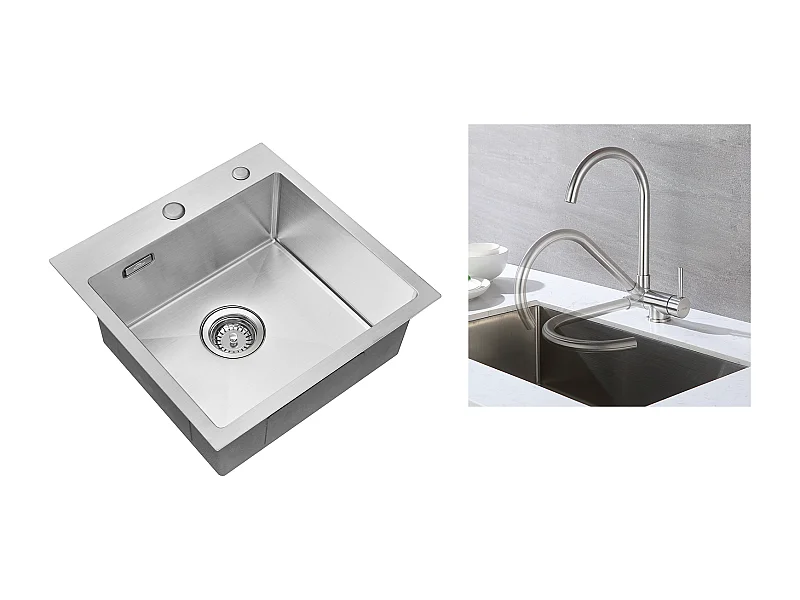 Évier Cuisine 1 Bac 45x45CM Acier Inoxydable 304 ,encastré et à Poser+Mitigeur Cuisine en Acier Inox 304 Rabattable Pivotant à 360° 