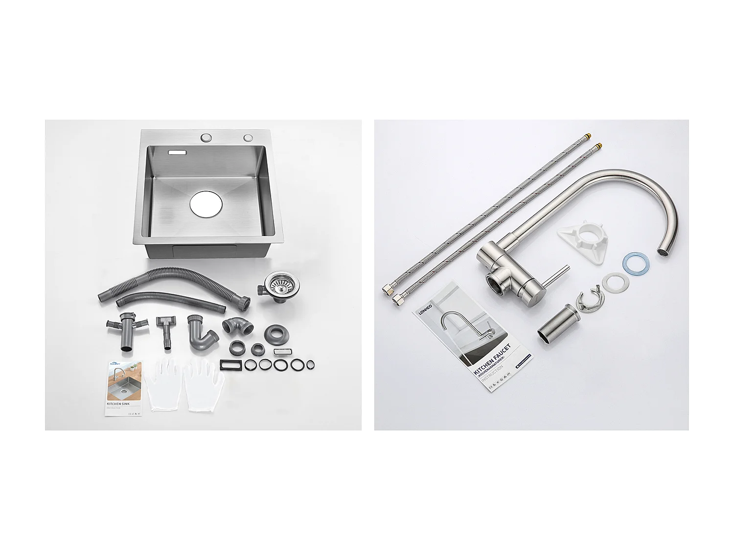 Évier Cuisine 1 Bac 45x45CM Acier Inoxydable 304 ,encastré et à Poser+Mitigeur Cuisine en Acier Inox 304 Rabattable Pivotant à 360° 