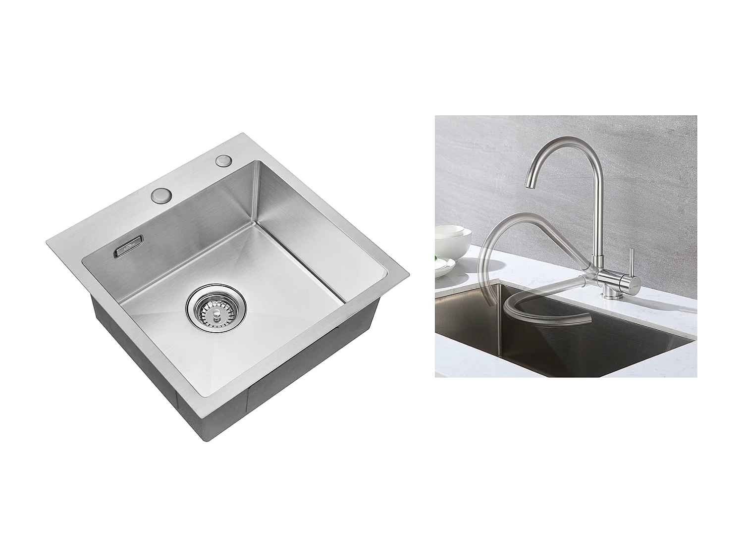 Fregadero CuiSine 1 Bandeja 45x45CM Acero Inoxidable 304, empotrado y para colocar + Mezclador de cocina inoxidable 304 Plegable Giratorio 360°