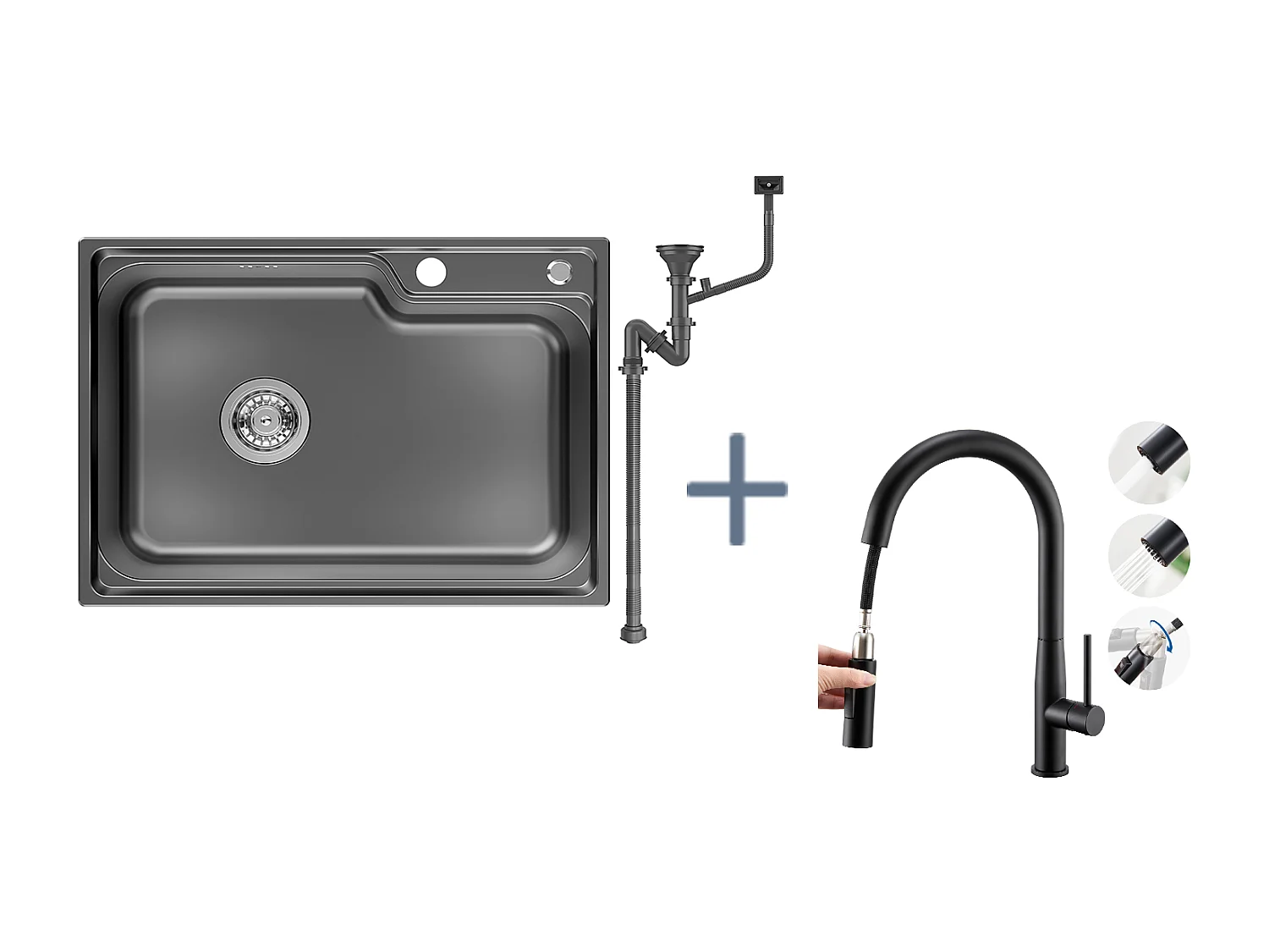 Auralum Max Évier Cuisine 1 Bac 62*45*21CM,en Inox PVD Nano Vasque à Poser,Noir+Robinet Cuisine avec Douchette Extractible ,2 Modes Jets ,Noir