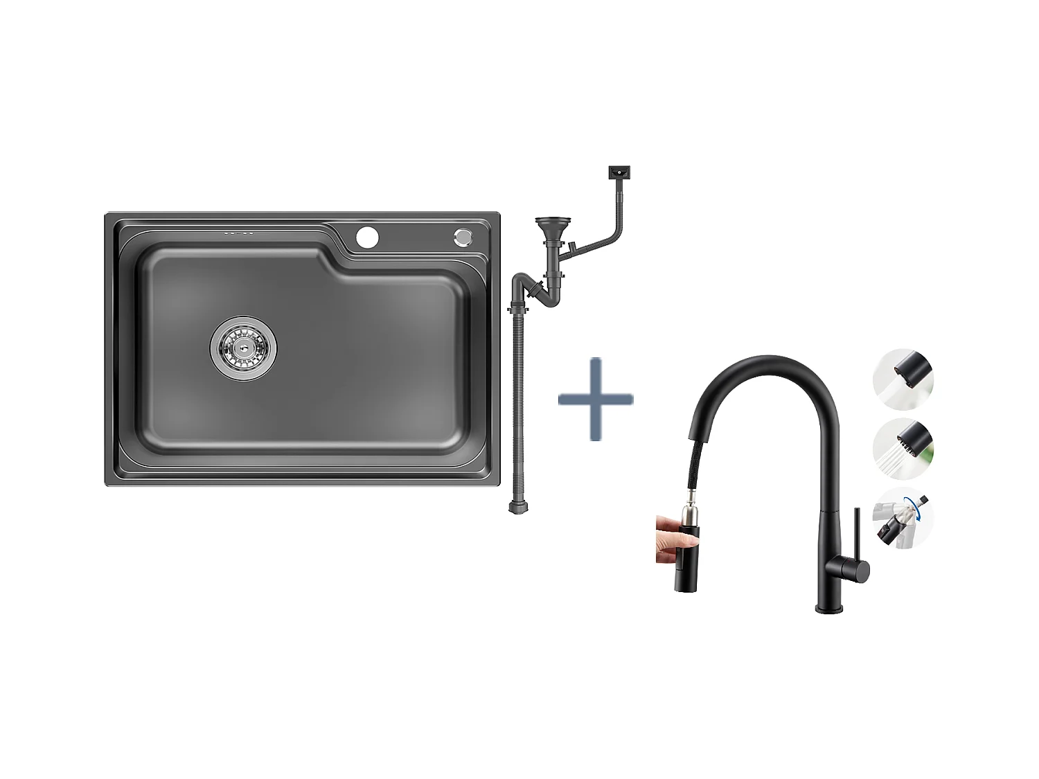 Auralum Max Évier Cuisine 1 Bac 62*45*21CM,en Inox PVD Nano Vasque à Poser,Noir+Robinet Cuisine avec Douchette Extractible ,2 Modes Jets ,Noir