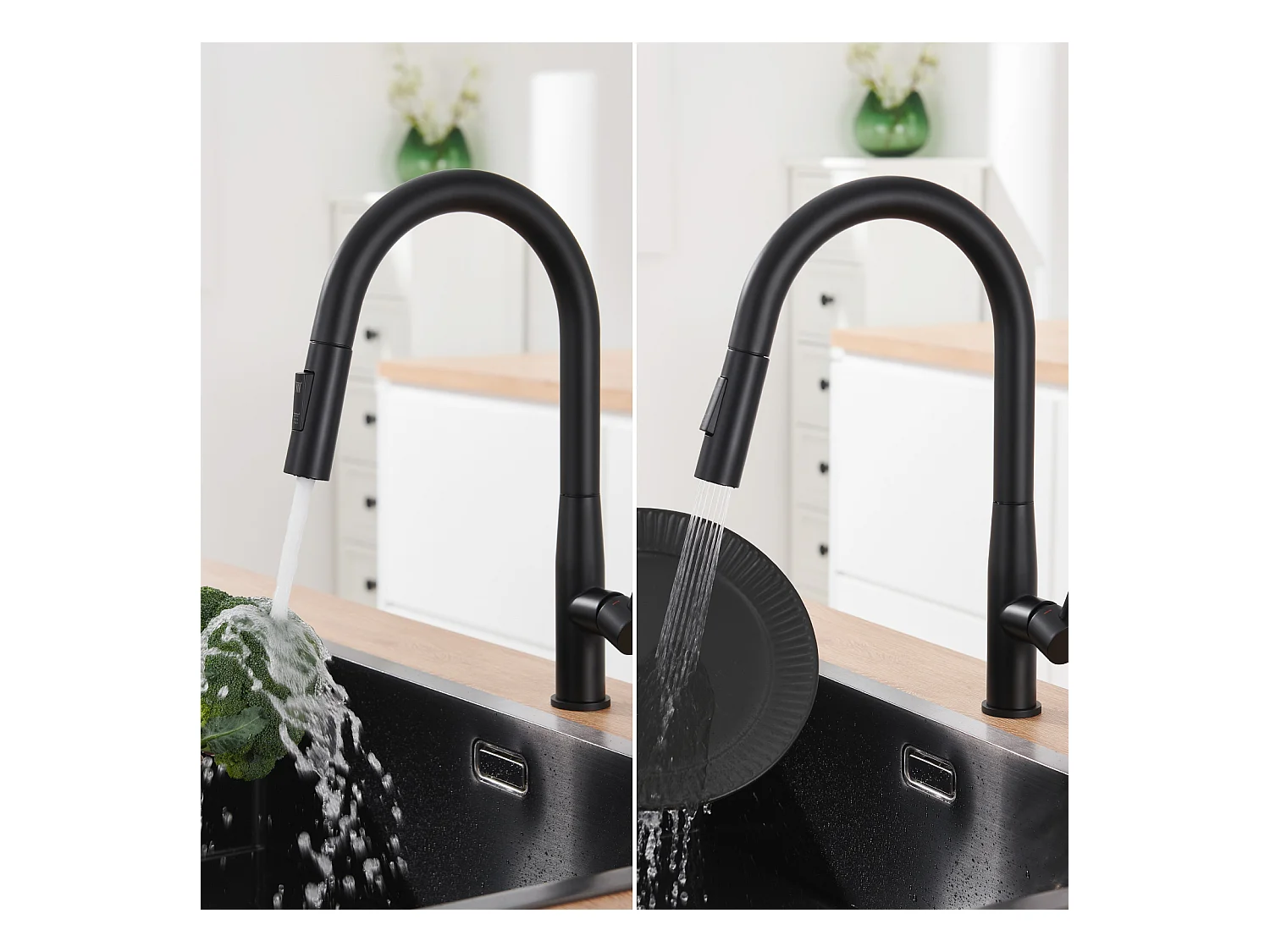 Auralum Max SpoelbakKeuken 1 Bak 62*45*21CM, RVS PVD Nano Wastafel, Zwart + Keukenkraan met Uittrekbare Handdouche, 2 Jets, Zwart