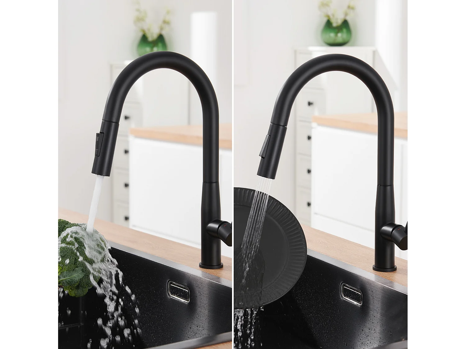 Auralum Max Évier Cuisine 1 Bac 62*45*21CM,en Inox PVD Nano Vasque à Poser,Noir+Robinet Cuisine avec Douchette Extractible ,2 Modes Jets ,Noir