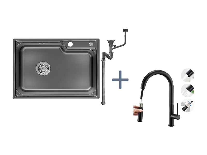 Auralum Max Évier Cuisine 1 Bac 62*45*21CM,en Inox PVD Nano Vasque à Poser,Noir+Robinet Cuisine avec Douchette Extractible ,2 Modes Jets ,Noir