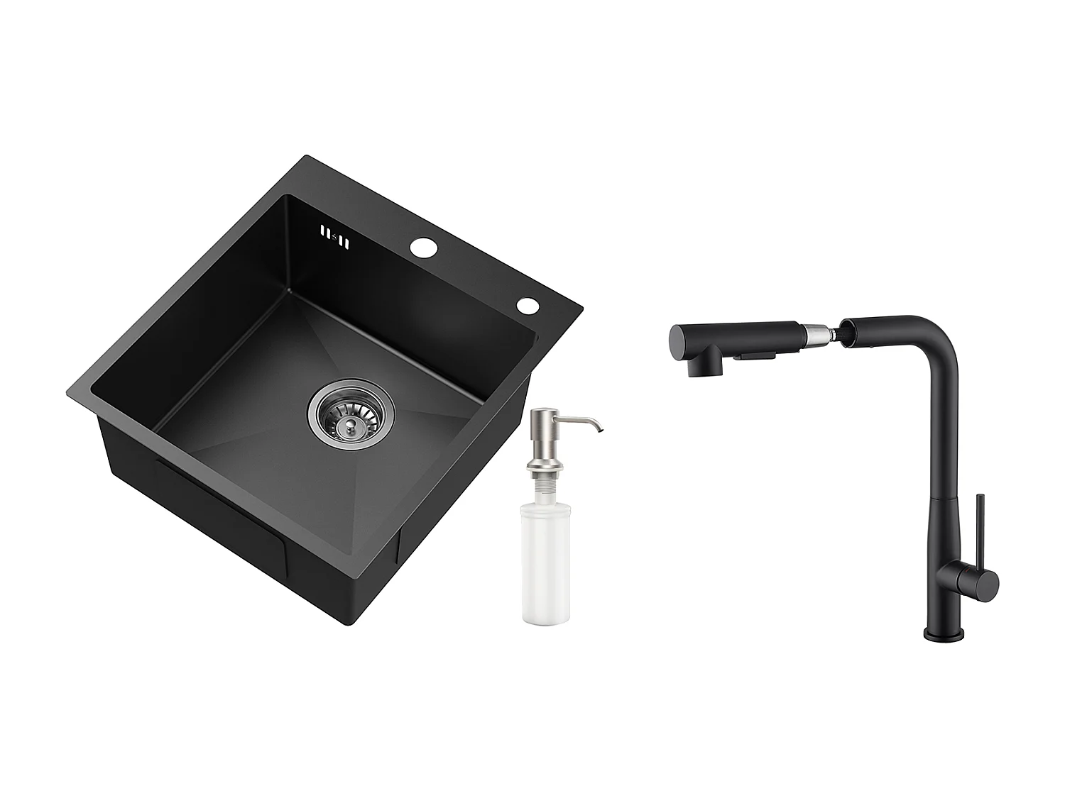 Aanrecht 1 Bak Zwart, RVS, 44*49*20 CM, met Verdeler Savon+Keukenkraan met 360° Draaibare Uittrekbare Douche, Zwart