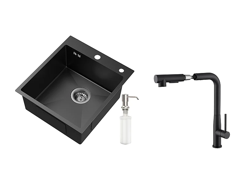 Lavello da Cucina 1 vasca  Nero, Inox,44*49*20 CM,con Distributore Sapone+Rubinetto Cucina conDoccia Estraibile Rotativa 360°,Nero