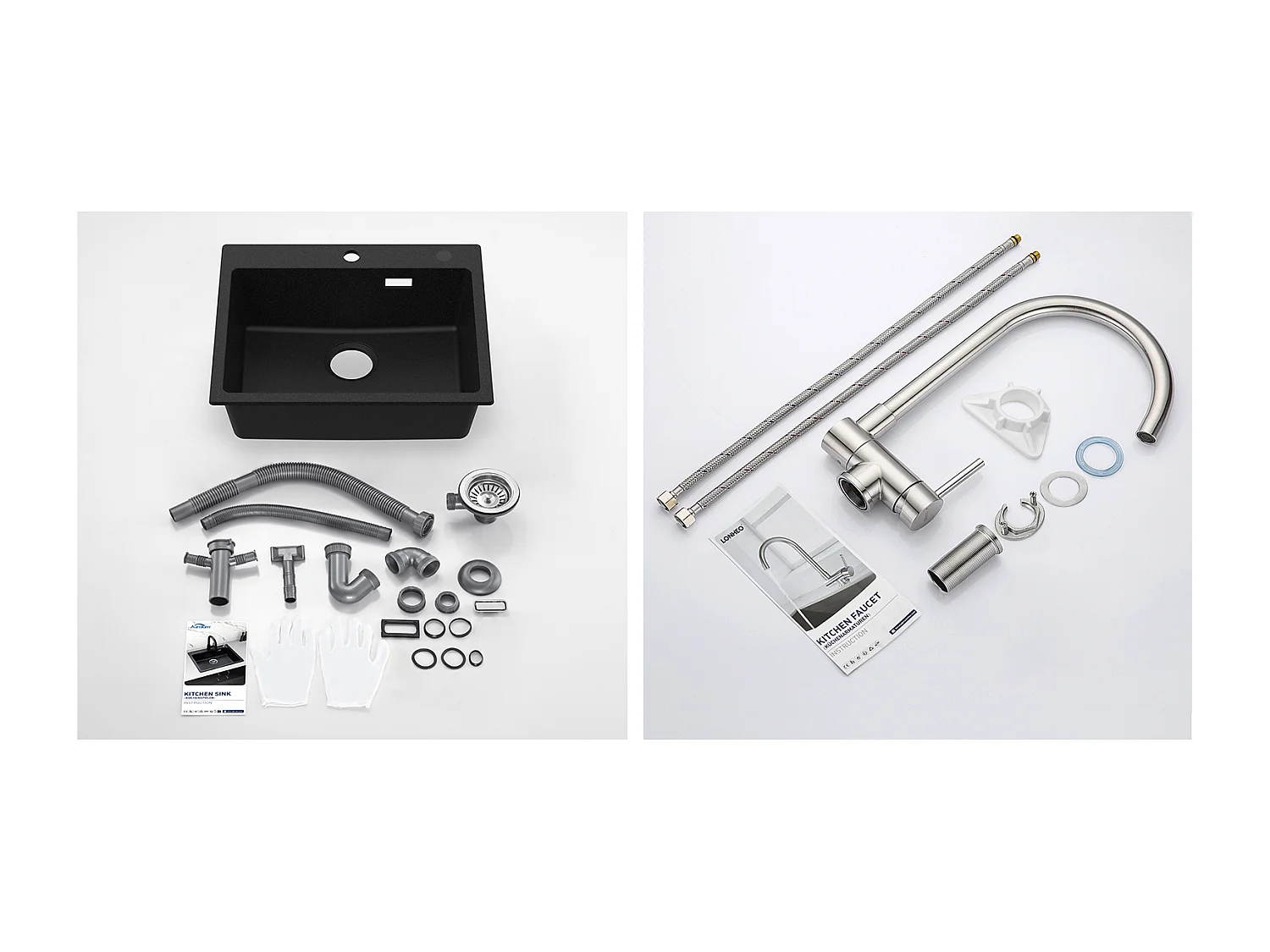 1 granieten gootsteen,55*45*20cm,afvoerset,zwart+opklapbare roestvrijstalen 304 keukenmengkraan 360° draaibaar