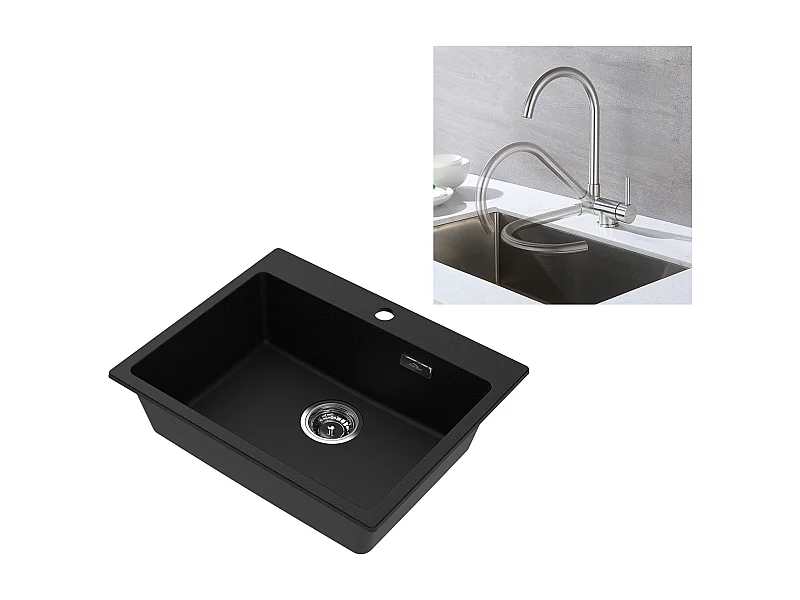 1 granieten gootsteen,55*45*20cm,afvoerset,zwart+opklapbare roestvrijstalen 304 keukenmengkraan 360° draaibaar