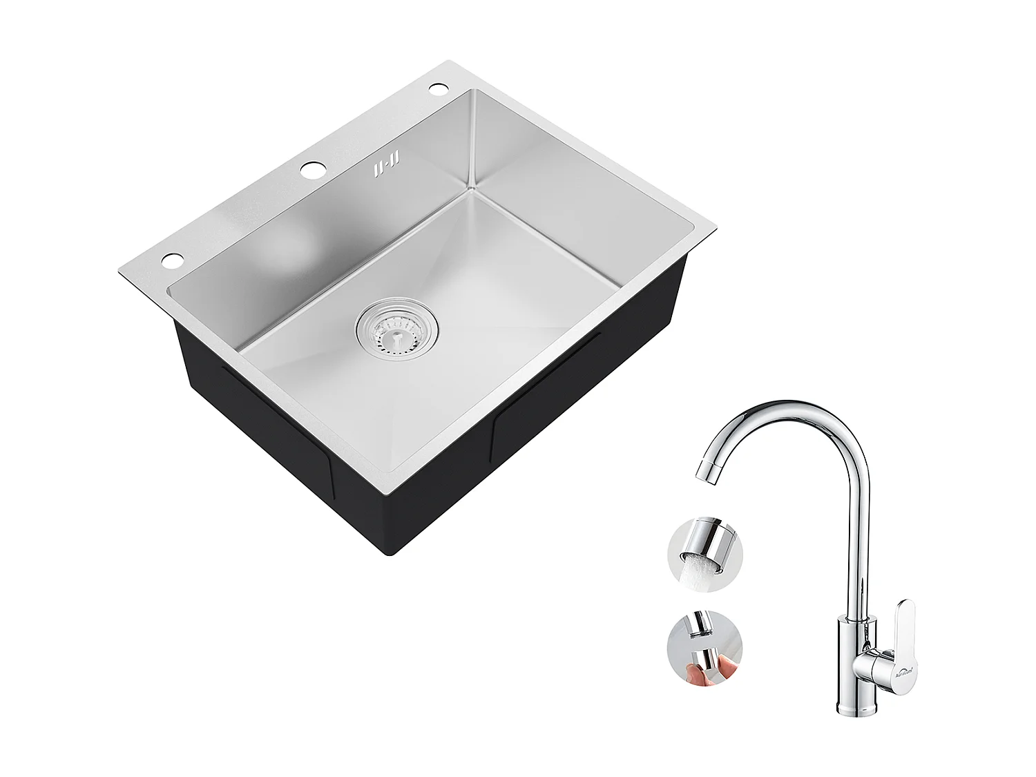 Auralum max Inbouw Aanrecht,1 Bak,60*49*20CM,304 RVS Gootsteen,Zilver+Elegante Auralum Verchroomde Keukenmengkraan, 360° draaibaar