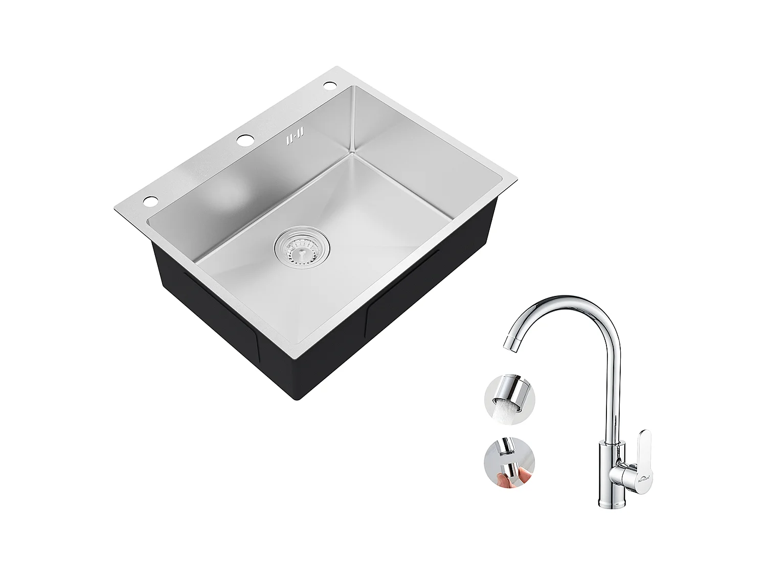 Auralum max Évier Cuisine à Encastrer,1 Bac,60*49*20CM,Évier en Acier inoxydable 304,Silver+Elégant Mitigeur de Cuisine Auralum Chromé,Pivotant 360°