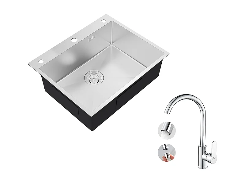 Auralum max Inbouw Aanrecht,1 Bak,60*49*20CM,304 RVS Gootsteen,Zilver+Elegante Auralum Verchroomde Keukenmengkraan, 360° draaibaar