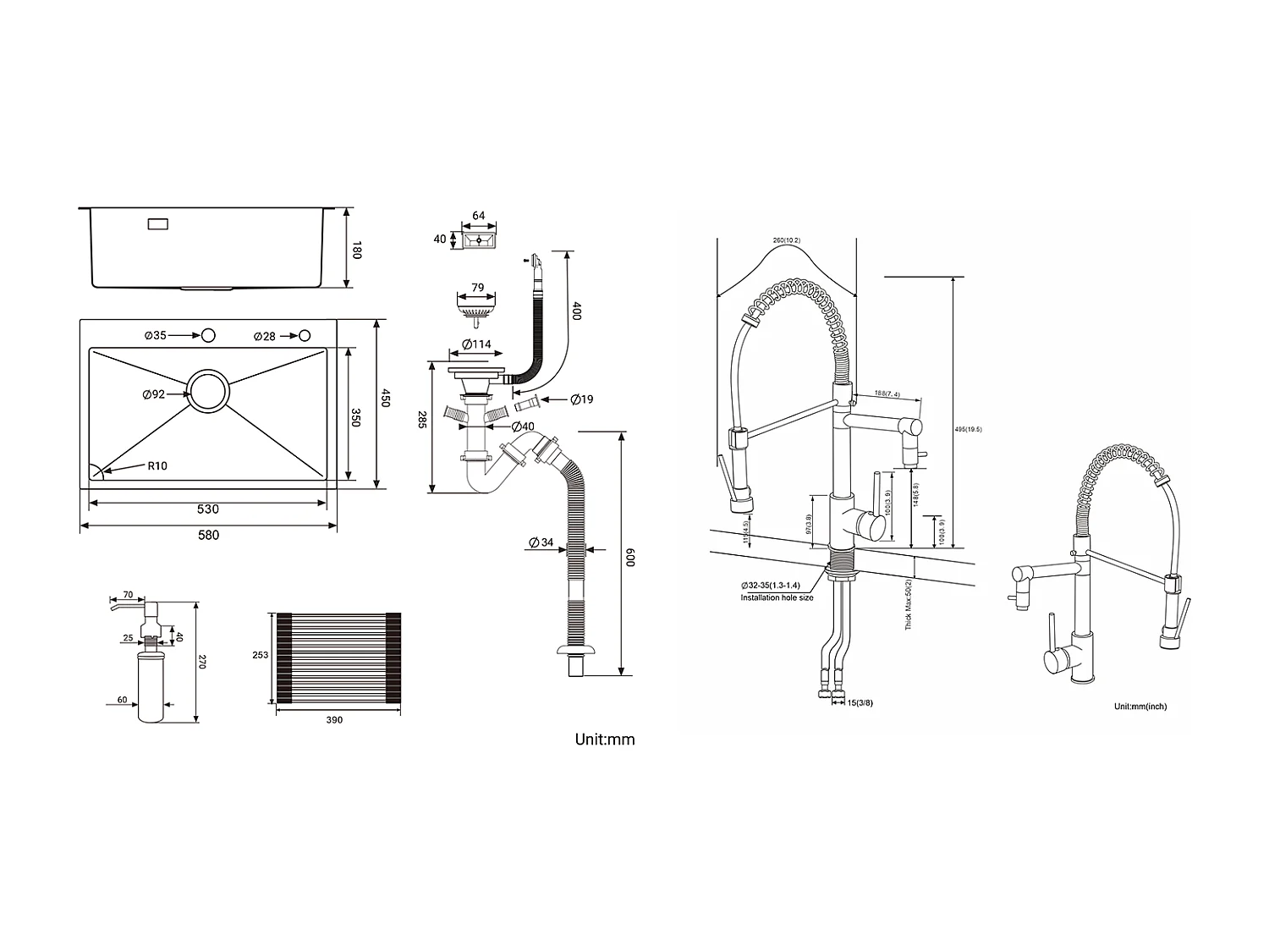 Évier Cuisine 1 Bac Brossé,58*45*18CM,Égouttoir Énroulable,Distributeur Savon+Robinet Cuisine Rotatif 360° Douchette Extractible
