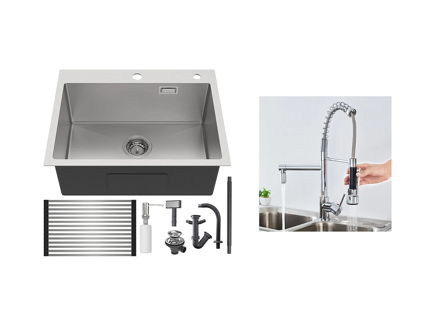 Aanrecht 1 BGeborstelde ac, 58*45*18CM, oprolbare afdruiprek, zeepdispenser + keukenkraan 360° draaibaar uittrekbare handdouche