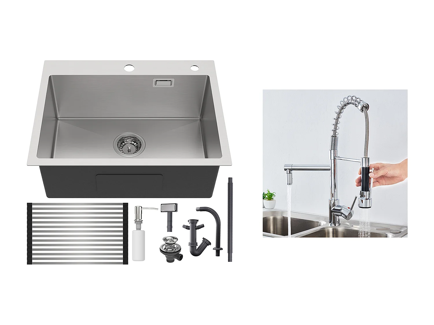 Aanrecht 1 BGeborstelde ac, 58*45*18CM, oprolbare afdruiprek, zeepdispenser + keukenkraan 360° draaibaar uittrekbare handdouche