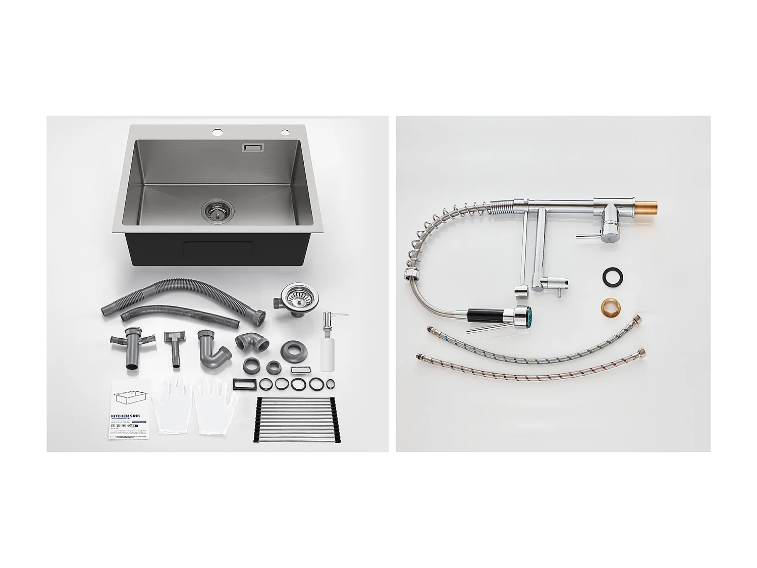 Aanrecht 1 BGeborstelde ac, 58*45*18CM, oprolbare afdruiprek, zeepdispenser + keukenkraan 360° draaibaar uittrekbare handdouche