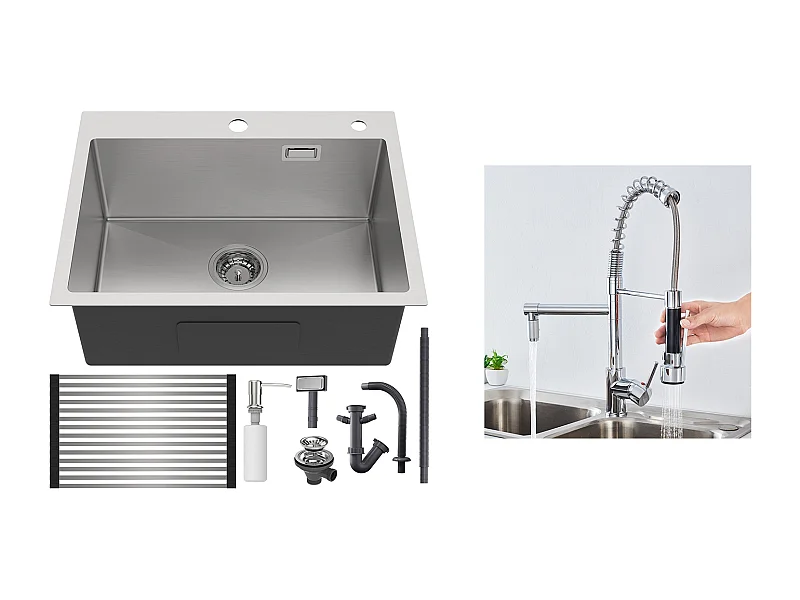 Aanrecht 1 BGeborstelde ac, 58*45*18CM, oprolbare afdruiprek, zeepdispenser + keukenkraan 360° draaibaar uittrekbare handdouche