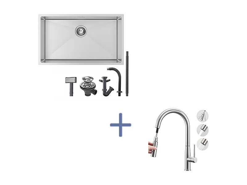 Becken Küchenspüle 74*44*20CM, Edelstahl, mit Siphon und Überlauf + Küchenmischer, mit ausziehbarer Brause, 2 Modi, Kalt-/Warmwasser, gebürstet