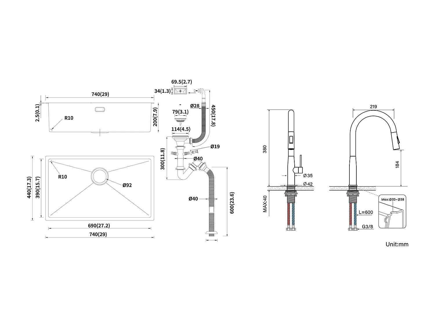 Évier Cuisine 1 Bac 74*44*20CM,Inox,avec Siphon et Trop-Plein+Mitigeur de Cuisine,avec Douchette Extractible,2 Modes,Eau Froide/Chaude,Brossé