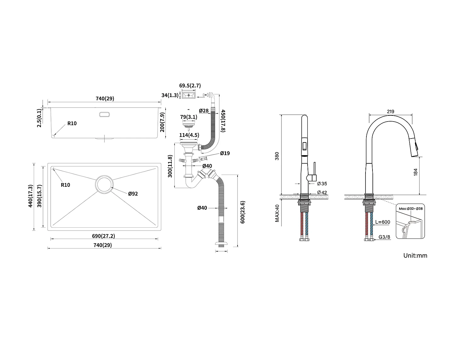 Évier Cuisine 1 Bac 74*44*20CM,Inox,avec Siphon et Trop-Plein+Mitigeur de Cuisine,avec Douchette Extractible,2 Modes,Eau Froide/Chaude,Brossé