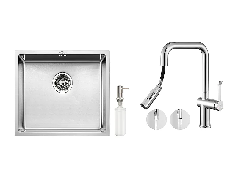 Fregadero Cocina Inox 1 Bandeja 50*43*18CM con DistrIbuteur de Jabón+Grifo de Cocina con Ducha Extraíble Rotativa 360 °2 Funciones, Cromado