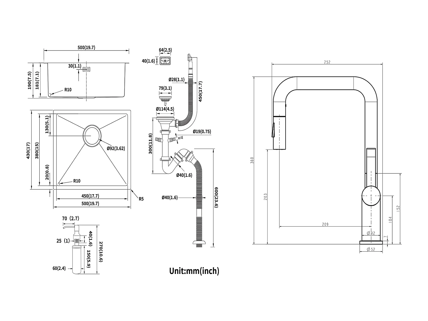RVS Aanrecht1 Bak 50*43*18CM met Zeepdispenser + Keukenkraan met Uittrekbare Handdouche 360 °2 Functies, Chrome