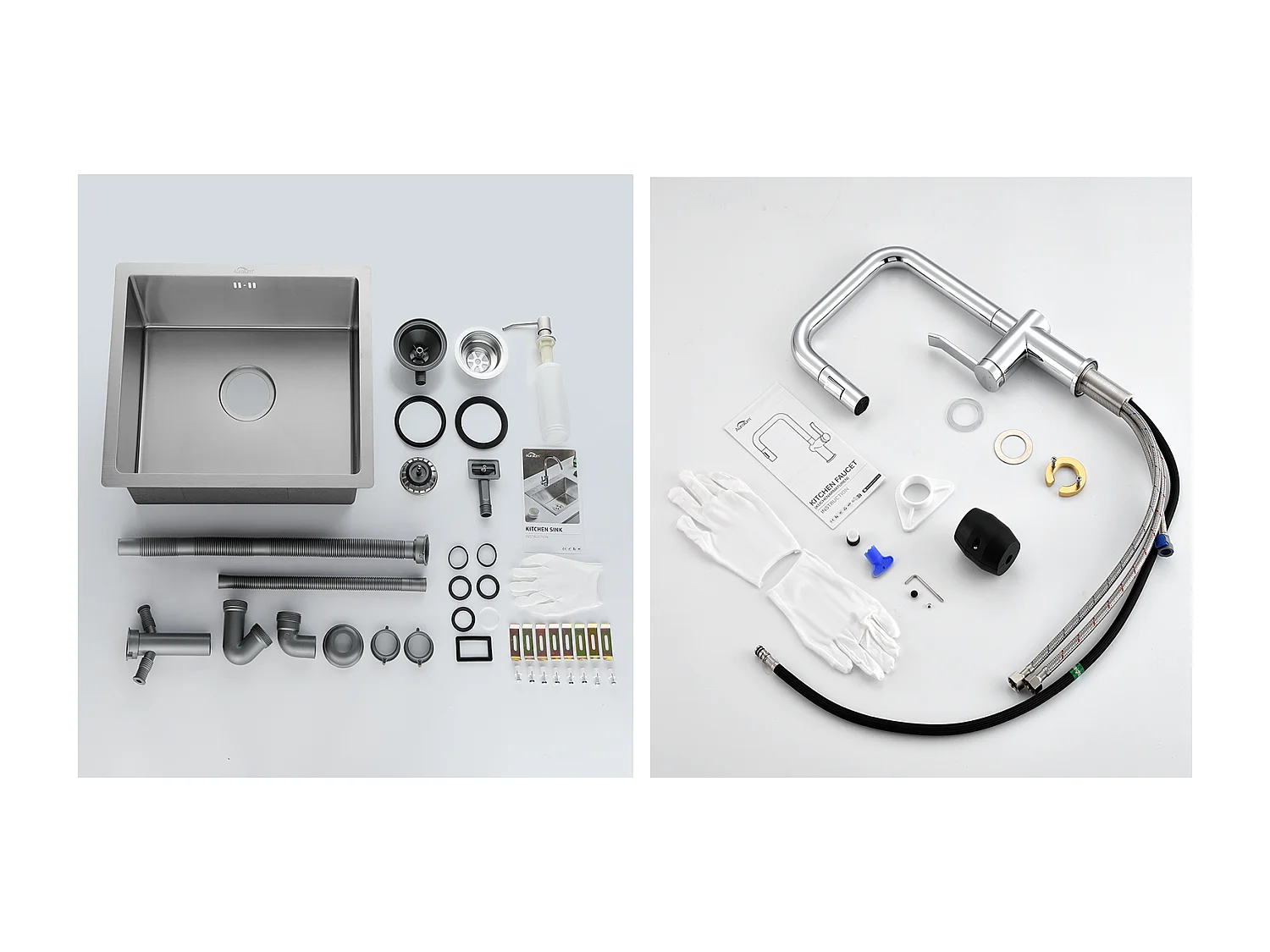 RVS Aanrecht1 Bak 50*43*18CM met Zeepdispenser + Keukenkraan met Uittrekbare Handdouche 360 °2 Functies, Chrome