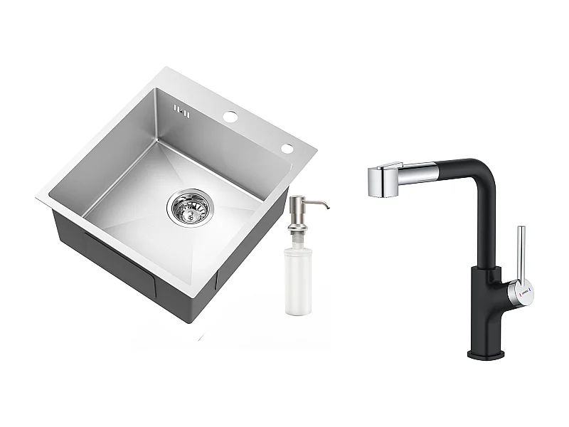 1-Beutel Silber Küchenspüle, 44*49*20 CM, mit Seifenspender, Edelstahl + 360° drehbarer ausziehbarer Edelstahl Küchenarmatur