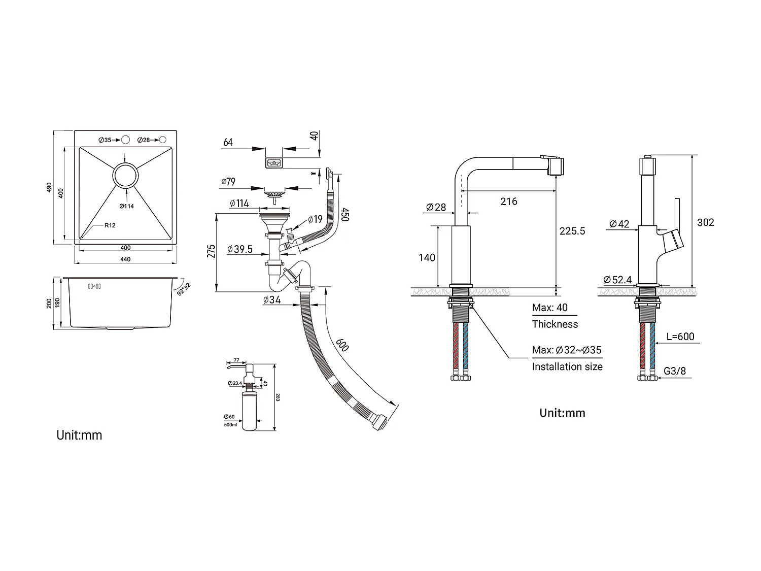 1-Beutel Silber Küchenspüle, 44*49*20 CM, mit Seifenspender, Edelstahl + 360° drehbarer ausziehbarer Edelstahl Küchenarmatur