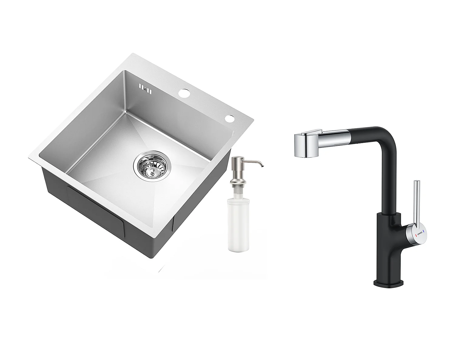 Évier Cuisine 1Bac Argent,44*49*20 CM,avec Distributeur Savon,Inox+Robinet de Cuisine Inox Extractible Rotatif à 360°